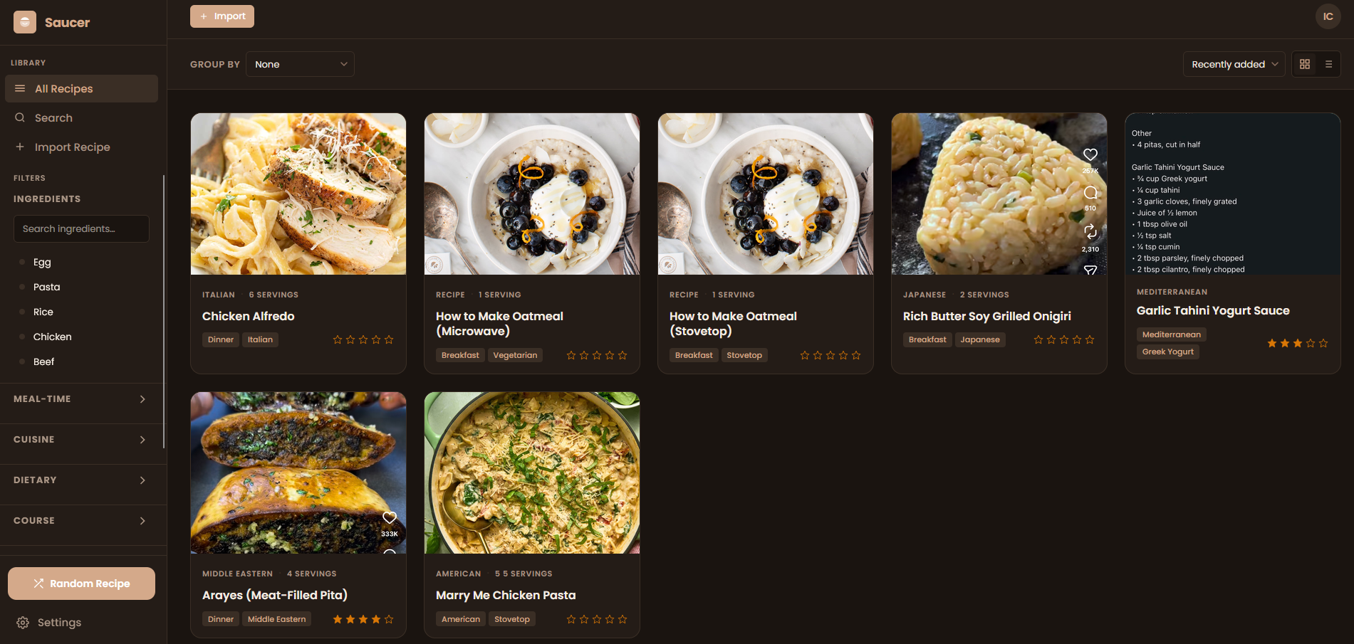 The Saucer recipe library showing a grid of recipe cards