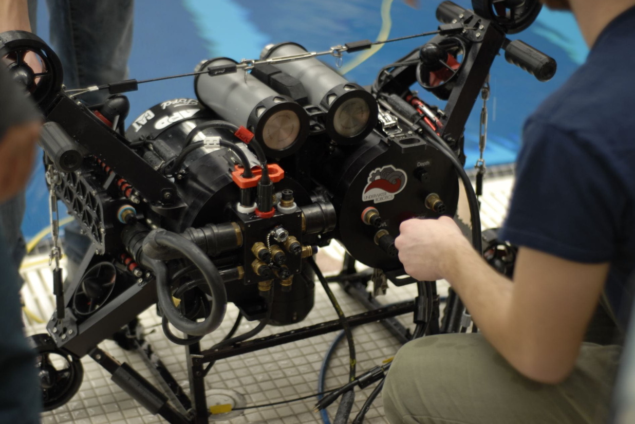 The Talos underwater robot being prepared at the pool